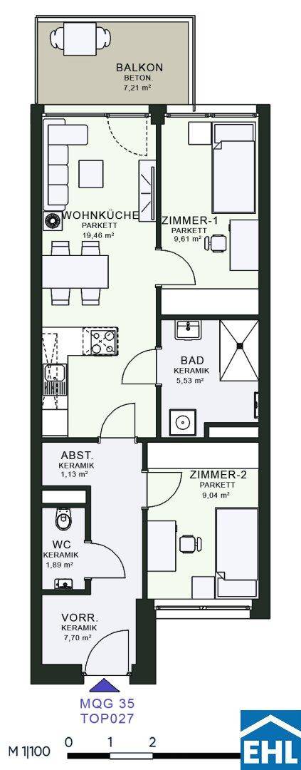 Grundriss einer Wohnung mit Balkon, offener Wohnküche und zwei Schlafzimmern.