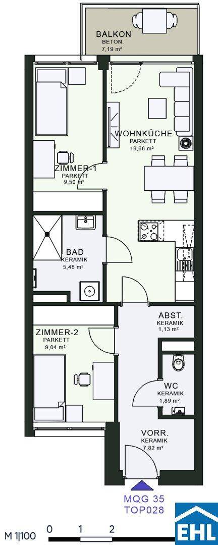 Grundriss einer Wohnung mit zwei Zimmern, Wohnküche, Bad, separatem WC und Balkon.