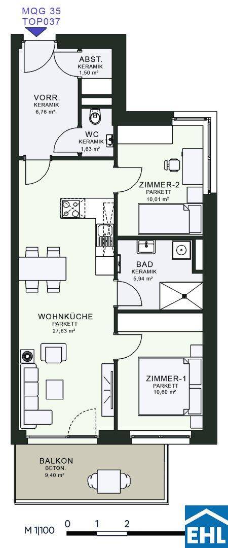 Grundriss einer Wohnung mit zwei Zimmern, offener Wohnküche, Bad, WC und Balkon.