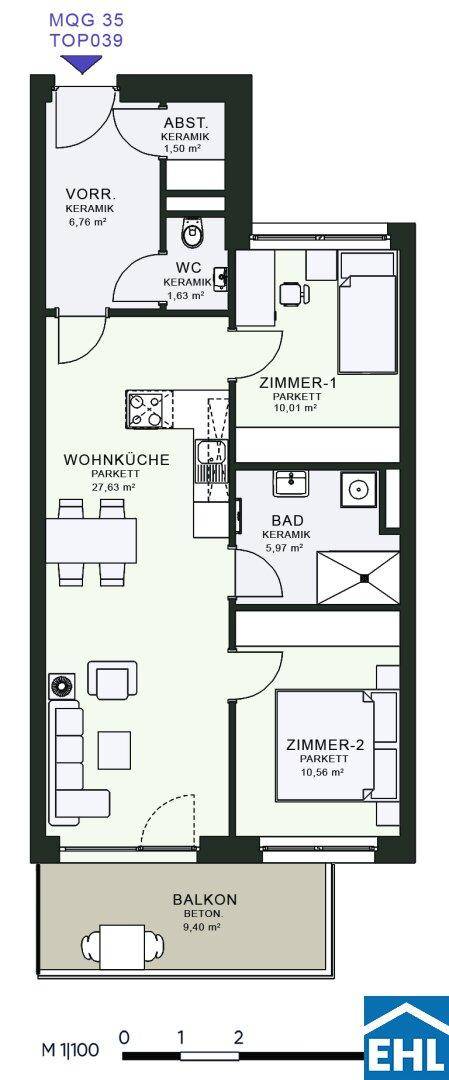 Grundriss einer Wohnung mit zwei Zimmern, Wohnküche, Bad, WC und Balkon.