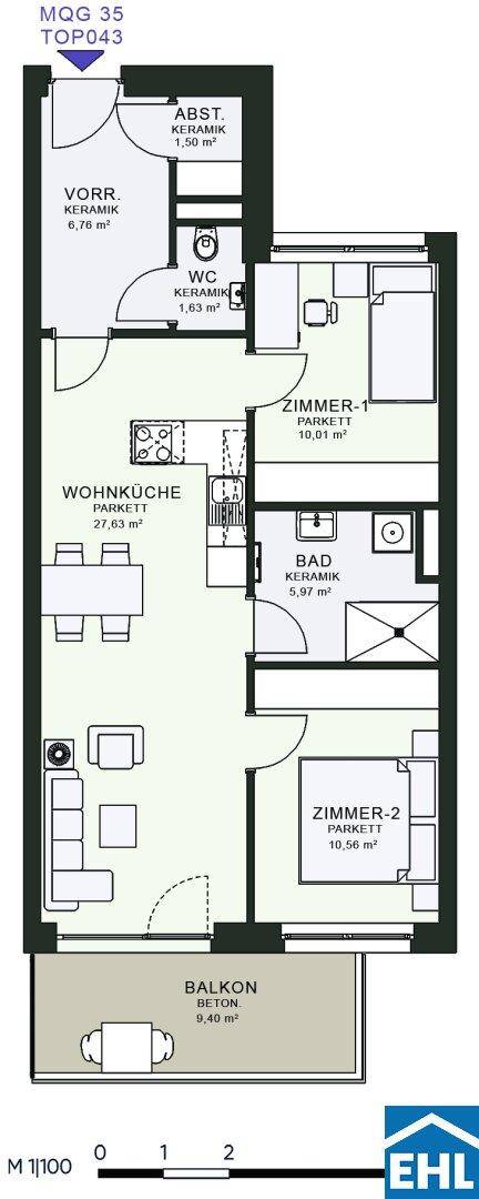 Grundriss einer Wohnung mit zwei Zimmern, Wohnküche und Balkon.