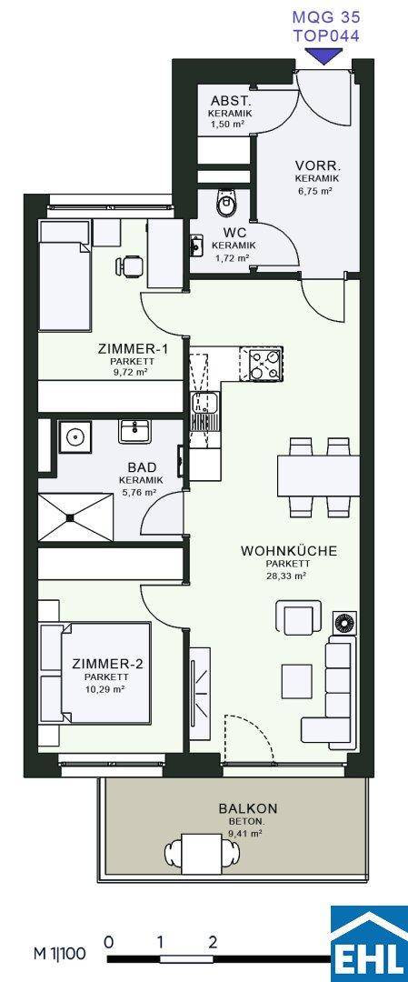Grundriss einer Wohnung mit zwei Zimmern, Wohnküche, Bad und Balkon.