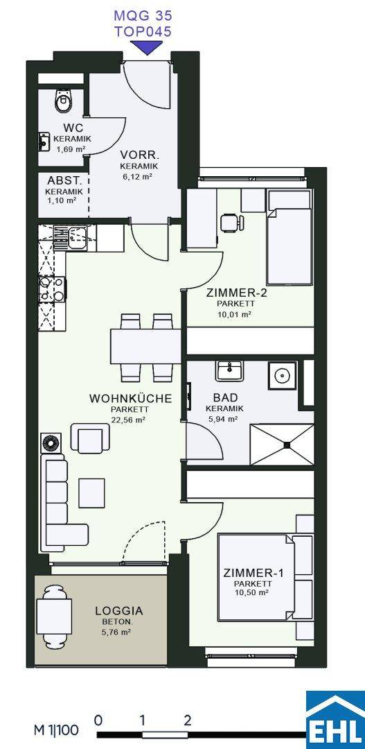 Grundriss einer Wohnung mit Wohnküche, zwei Zimmern, Bad, separatem WC und Loggia.