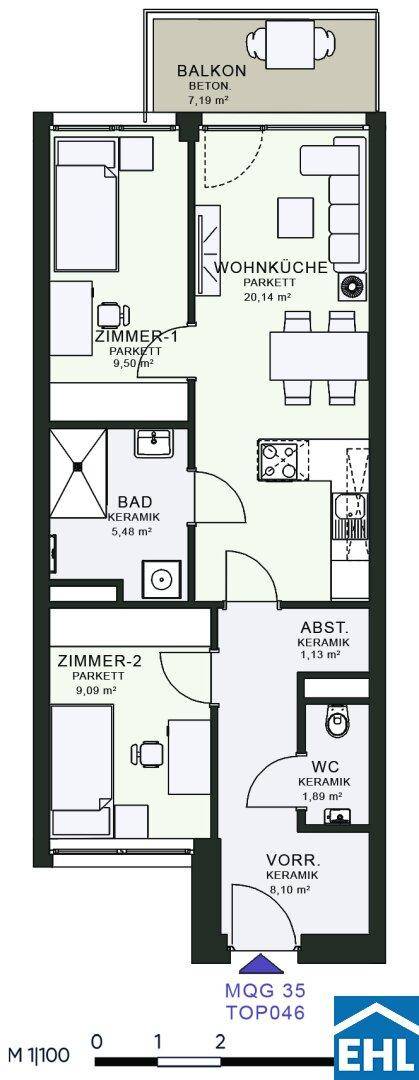 Grundriss einer Wohnung mit Balkon, Wohnküche und zwei Zimmern.