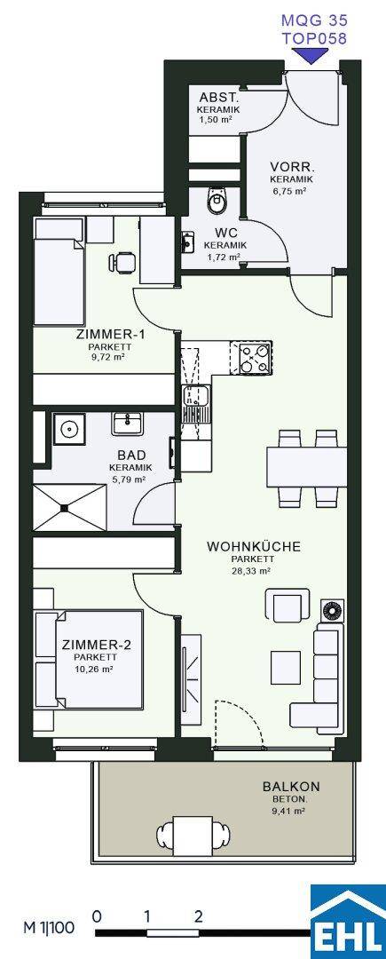 Grundriss einer Wohnung mit zwei Zimmern, Wohnküche und Balkon.