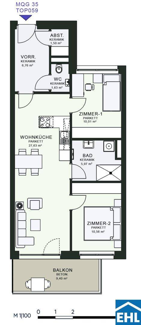 Grundriss einer Wohnung mit zwei Zimmern, Wohnküche und Balkon.