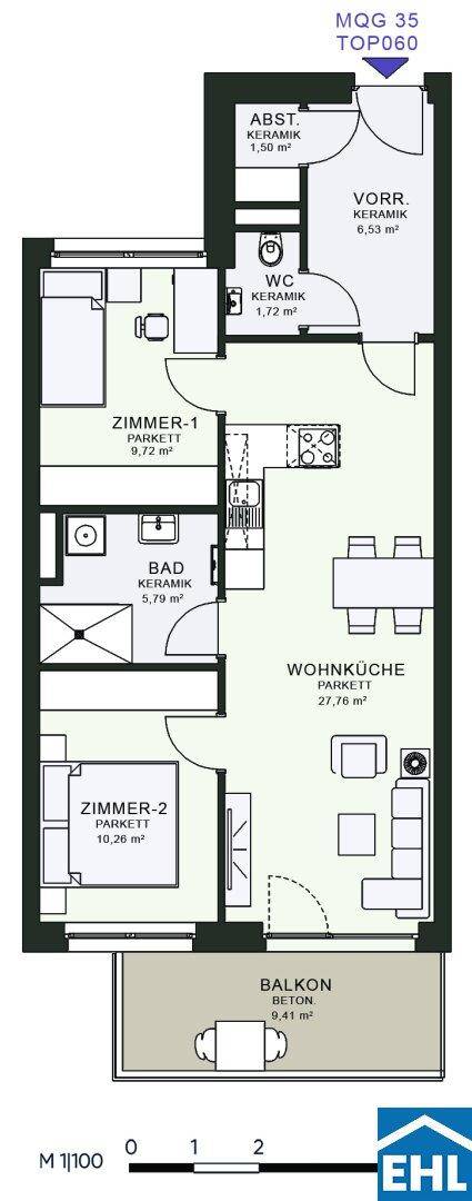 Grundriss einer Wohnung mit zwei Zimmern, Wohnküche und Balkon.