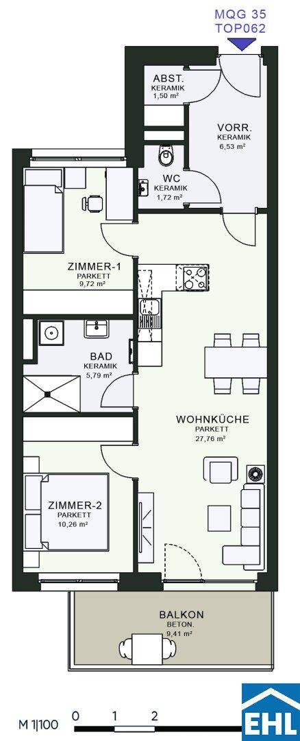 Grundriss einer Wohnung mit zwei Zimmern, offenem Wohnbereich und Balkon.