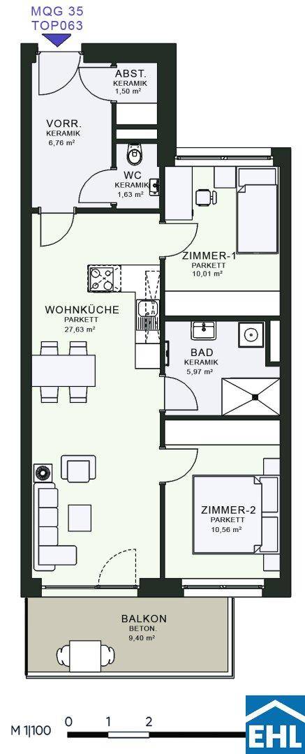 Grundriss einer Wohnung mit zwei Zimmern, Wohnküche, Bad und Balkon.