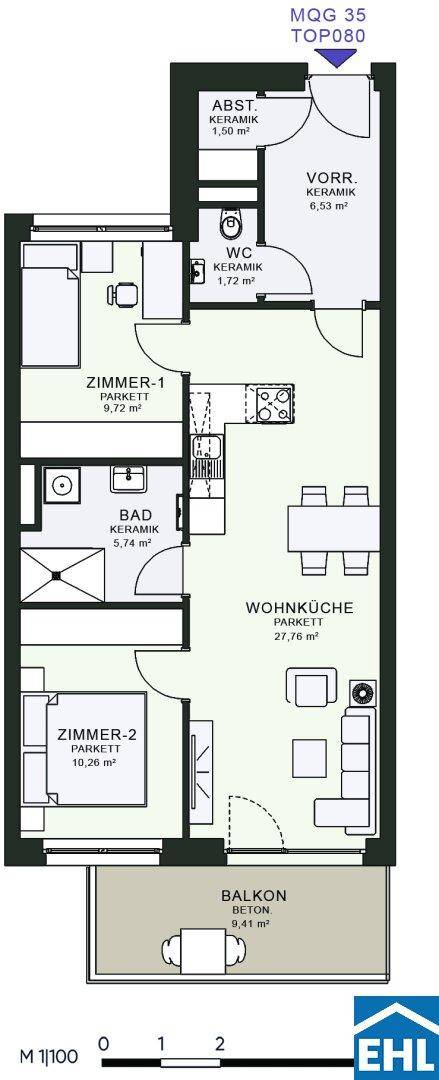 Grundriss einer Wohnung mit zwei Schlafzimmern, Wohnküche und Balkon.