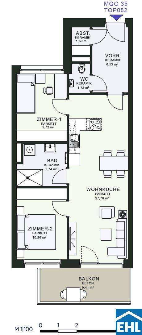 Grundriss der Wohnung mit zwei Zimmern, Wohnküche und Balkon.
