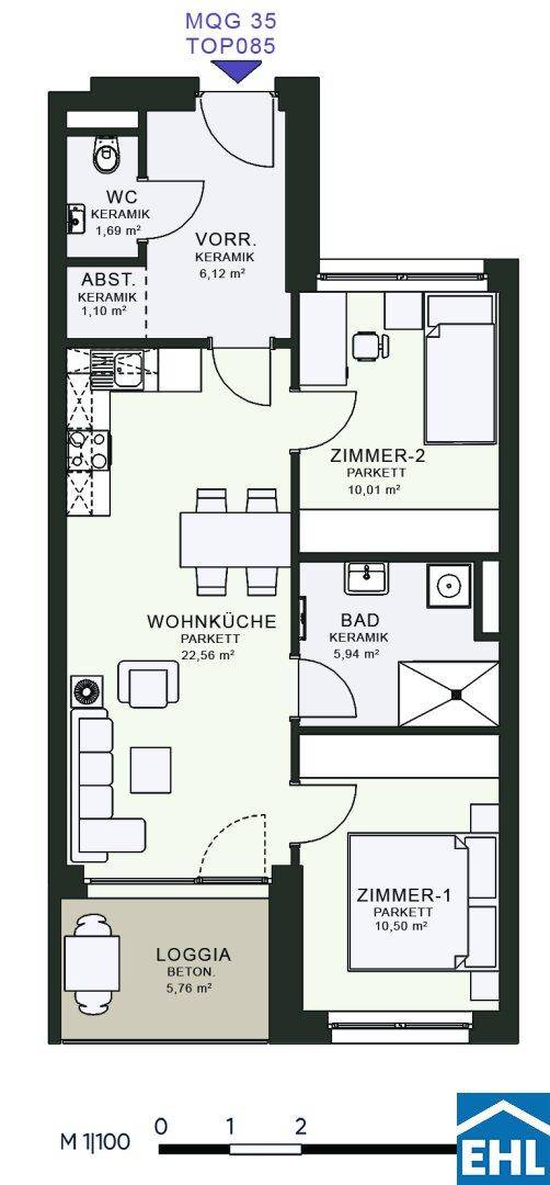 Grundriss einer Wohnung mit zwei Zimmern, Wohnküche, Loggia und Bad, effizient aufgeteilt.