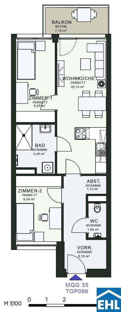 Grundriss einer Wohnung mit zwei Zimmern, offenem Wohnbereich und Balkon.