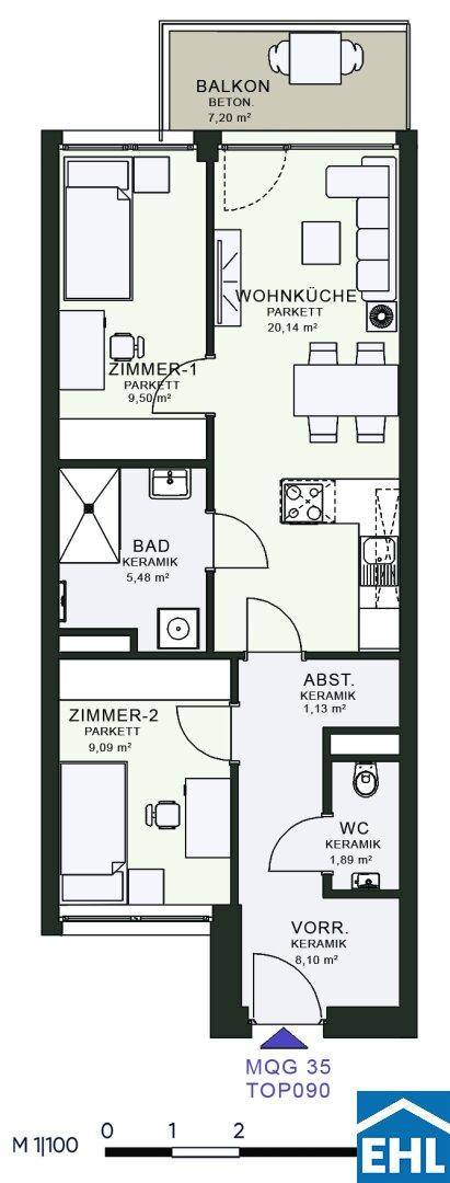 Grundriss einer Wohnung mit zwei Zimmern, Wohnküche, Bad und Balkon.