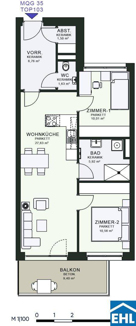 Grundriss einer Wohnung mit zwei Zimmern, Wohnküche und Balkon.