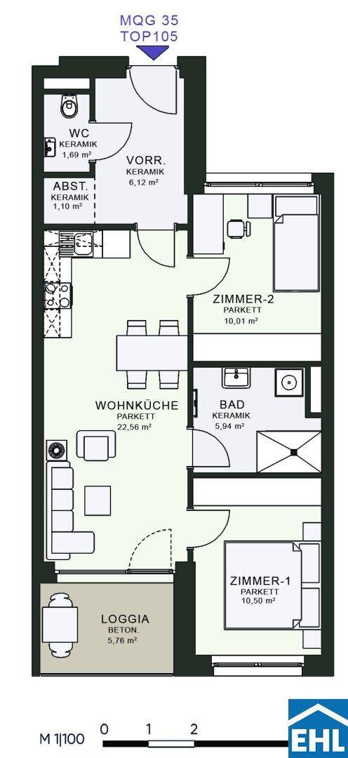 Grundriss der Wohnung mit Wohnküche, zwei Zimmern, Bad und Loggia.