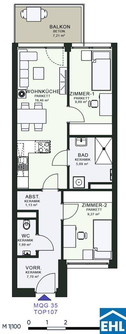 Grundriss einer Wohnung mit Balkon, zwei Zimmern und offenem Wohnbereich.