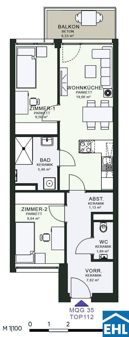 Grundriss einer Wohnung mit zwei Zimmern, Wohnküche, Bad und Balkon.
