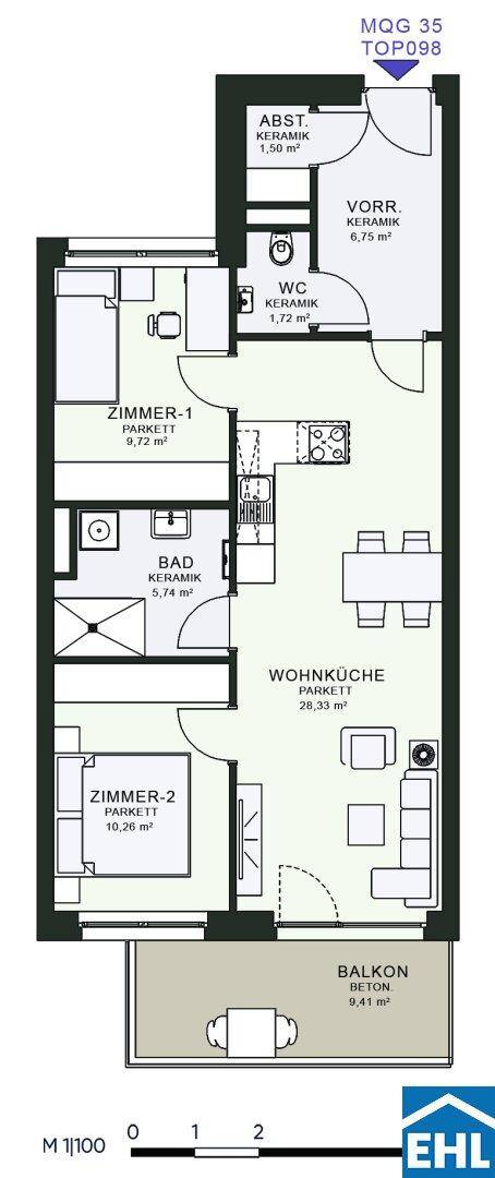 Grundriss einer Wohnung mit zwei Zimmern, Wohnküche, Bad und Balkon.
