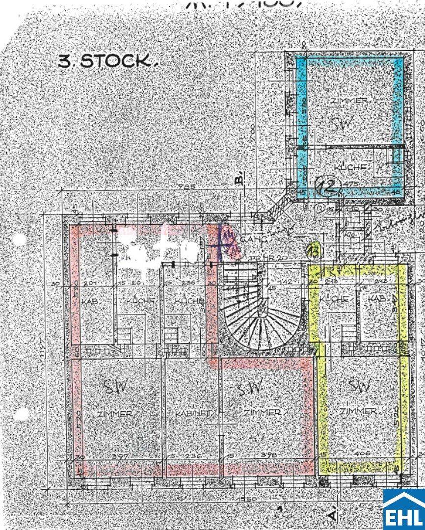 Grundriss des dritten Stocks mit mehreren Zimmern, Küche und Wendeltreppe.