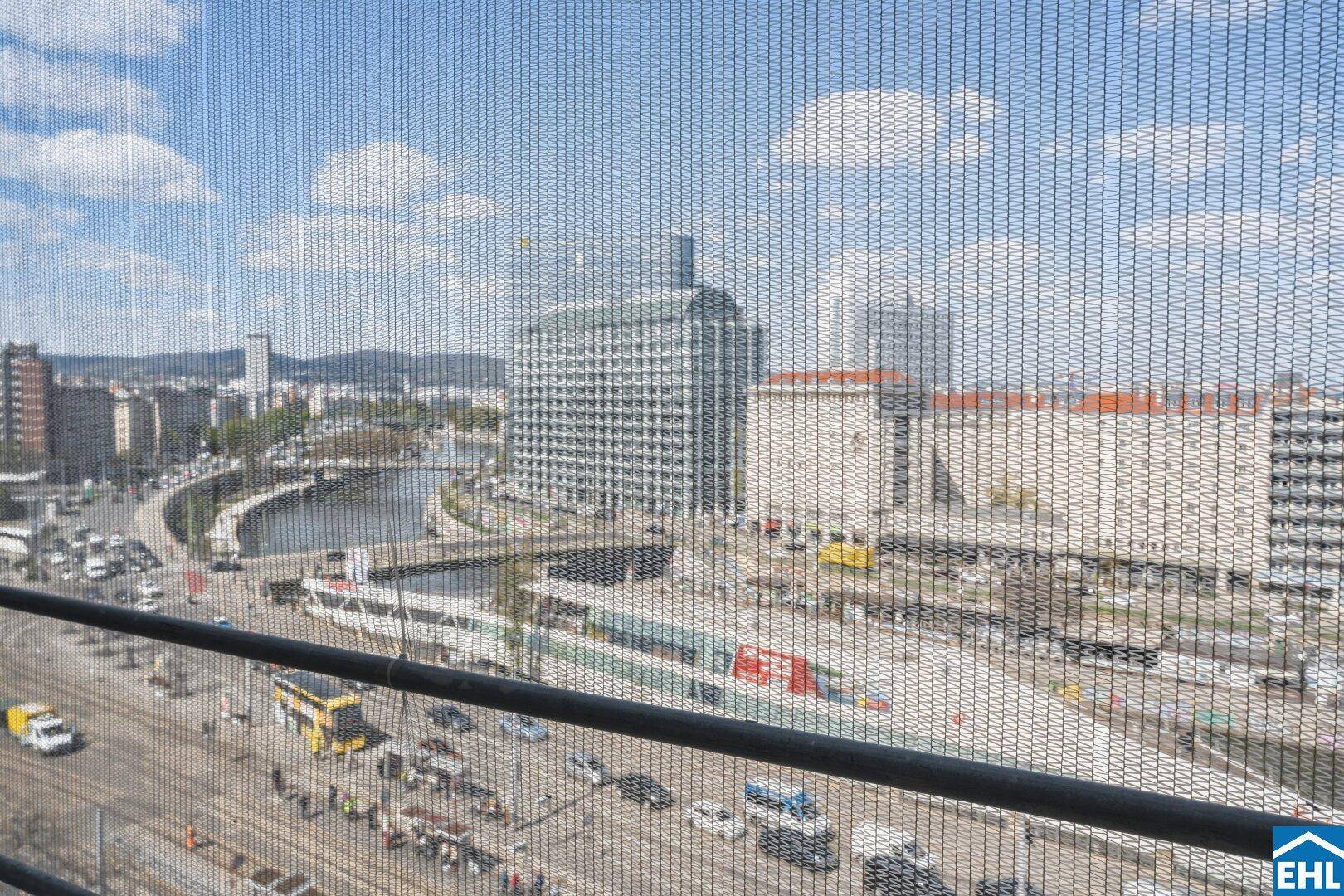 Panoramablick auf die Stadt mit Fluss und Verkehr, durch ein Netz gefiltert.