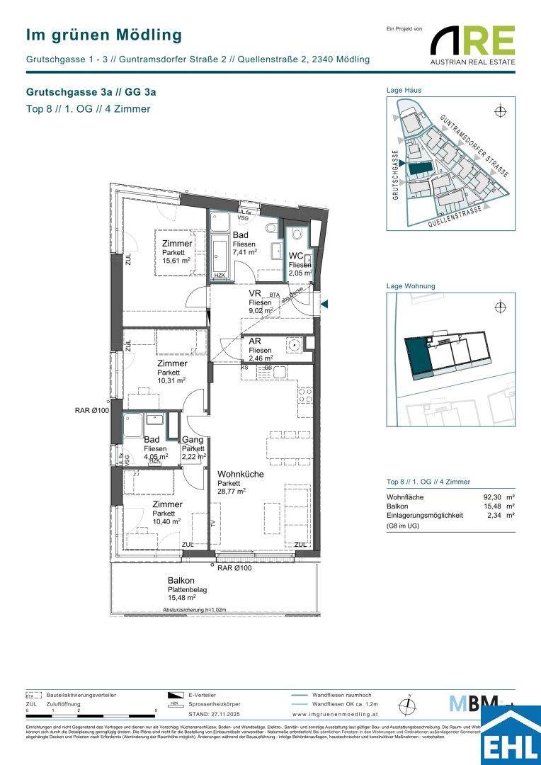 Detaillierter Grundriss einer 4-Zimmer-Wohnung mit Balkon und zwei Bädern.