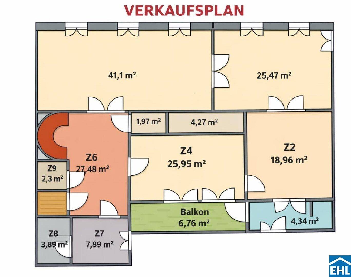 Verkaufsplan zeigt eine Wohnung mit mehreren Zimmern, einem Balkon und klaren Raumaufteilungen.