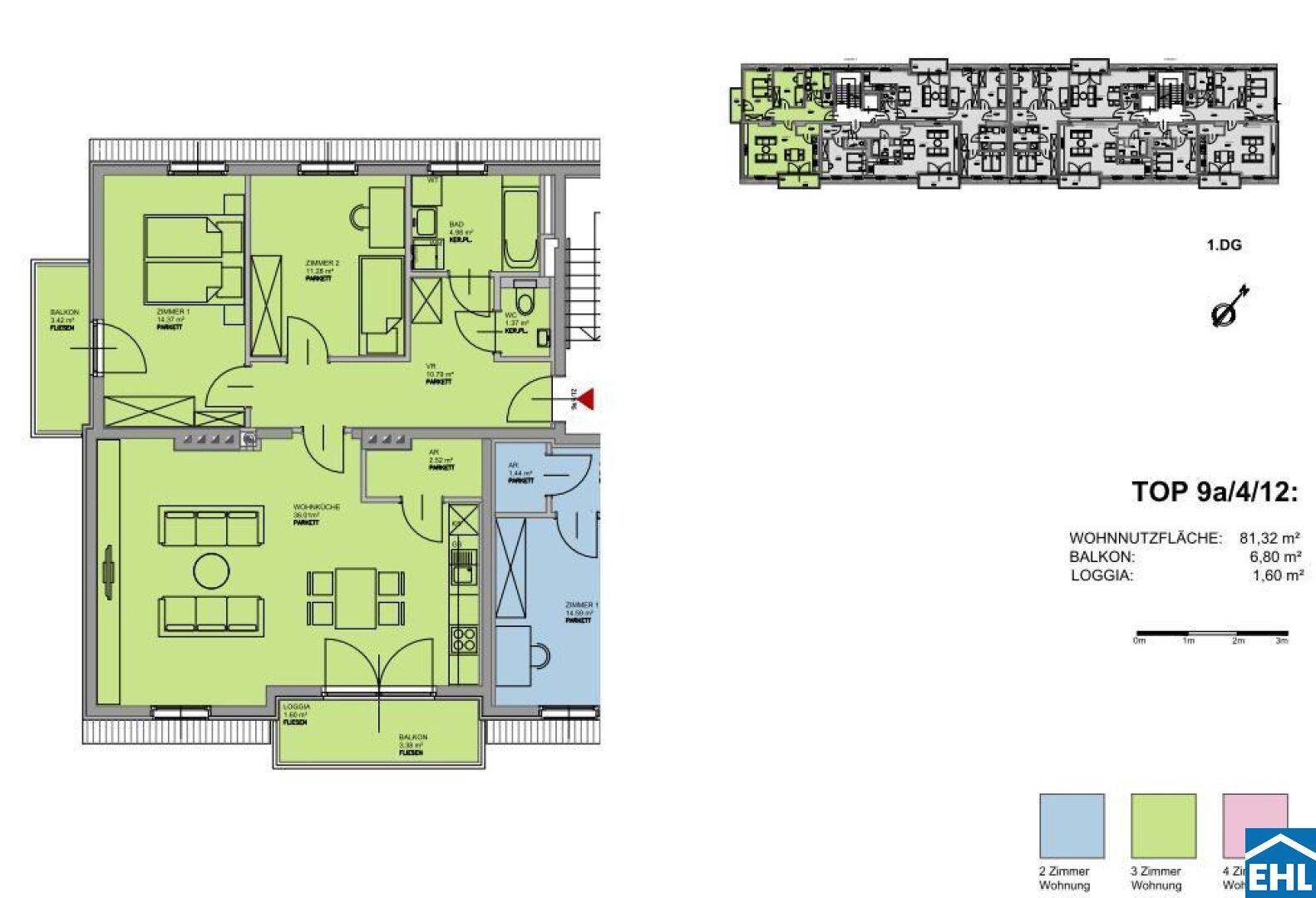 Detaillierter Grundriss einer Wohnung mit 81,32 m² Wohnfläche und Balkon.