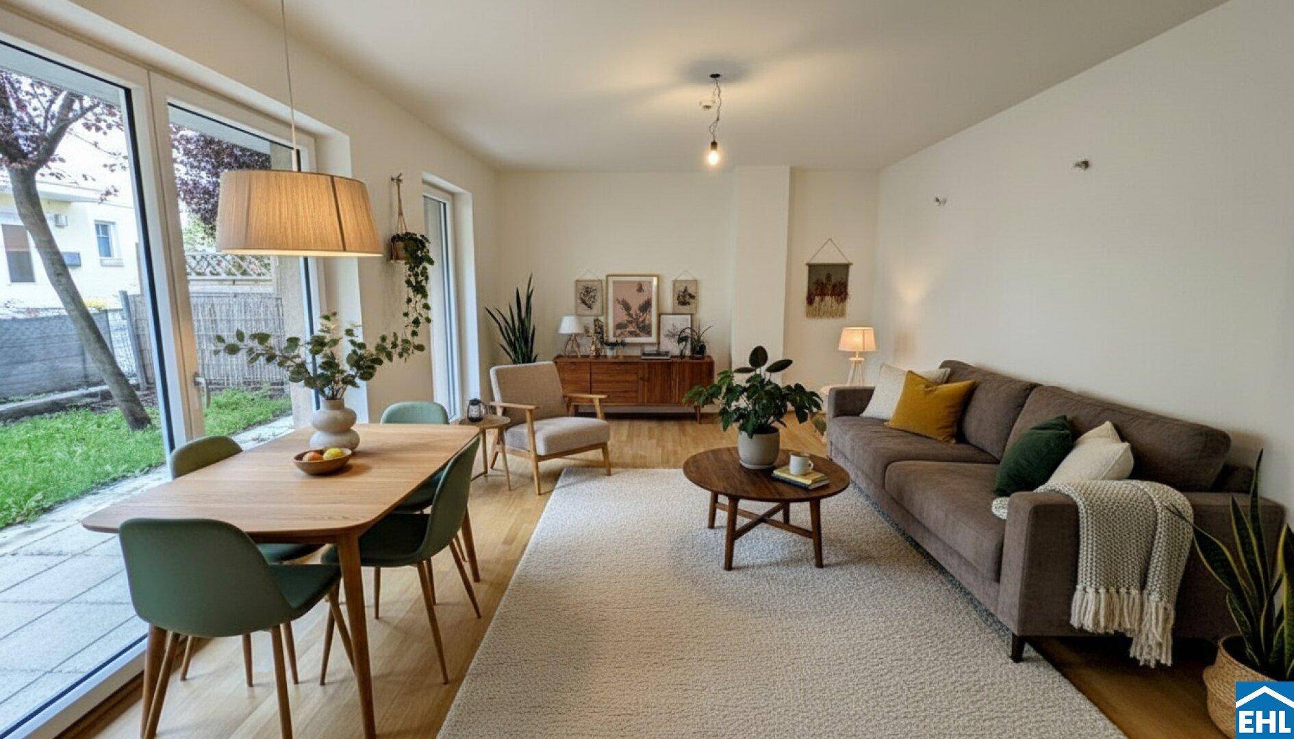 Heller Wohn- und Essbereich mit modernem Mobiliar, Holzboden und großen Fenstern zum Garten.