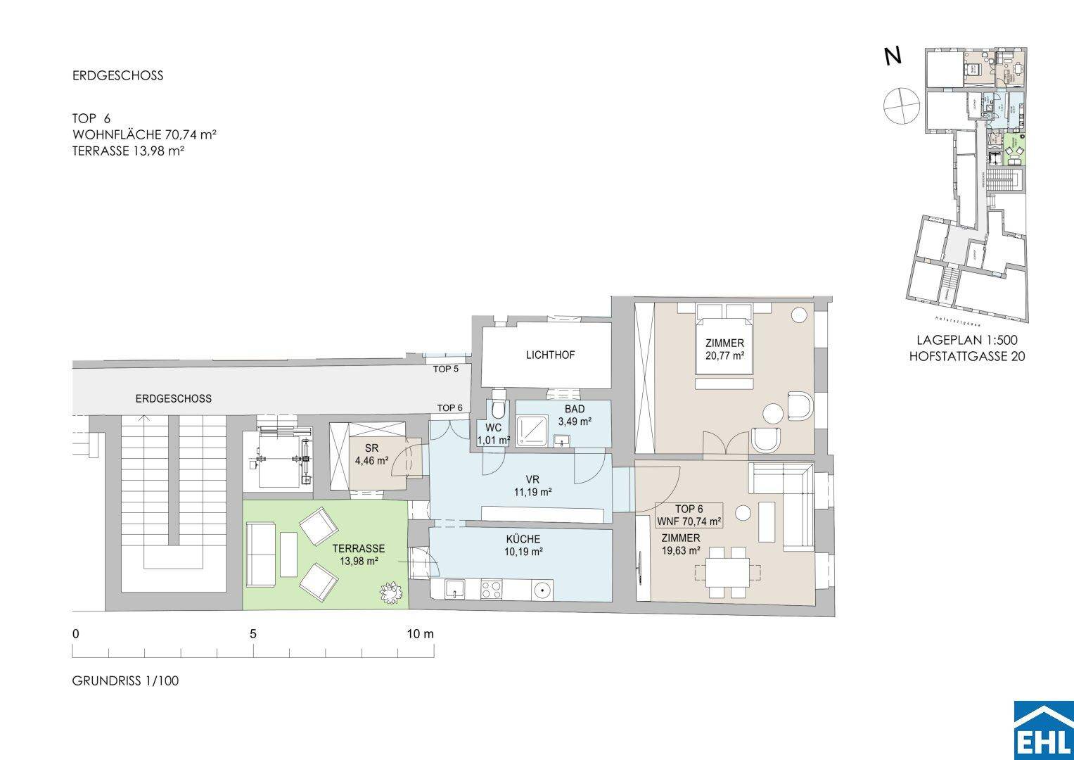 Grundriss des Erdgeschosses mit Terrasse, Küche, Bad, WC und zwei Zimmern. Ein Lift ist ebenfalls vorhanden.
