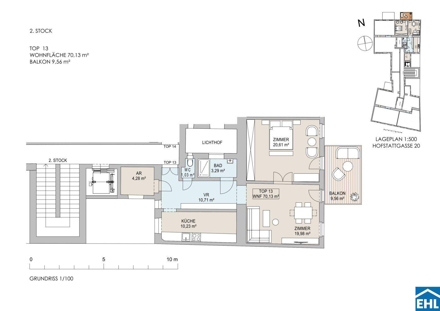 Grundriss einer Wohnung mit offenem Wohnbereich, zwei Schlafzimmern und Balkonzugang.