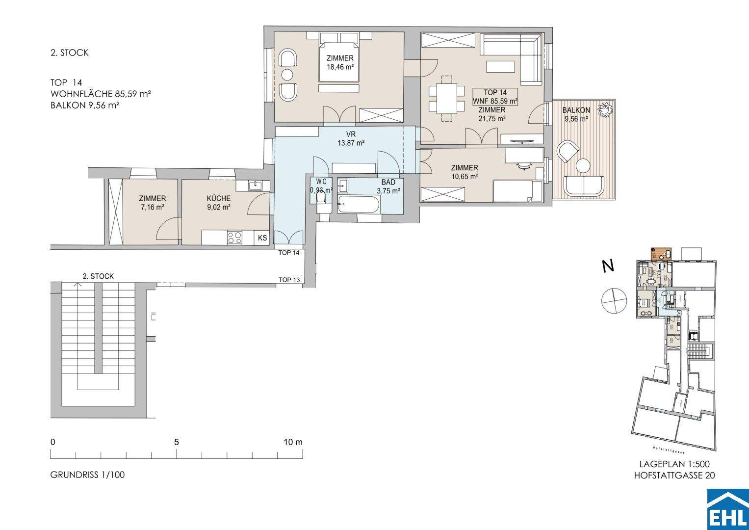 Grundriss der Wohnung im 2. Stock mit Balkon, drei Zimmern und offenem Wohnbereich.