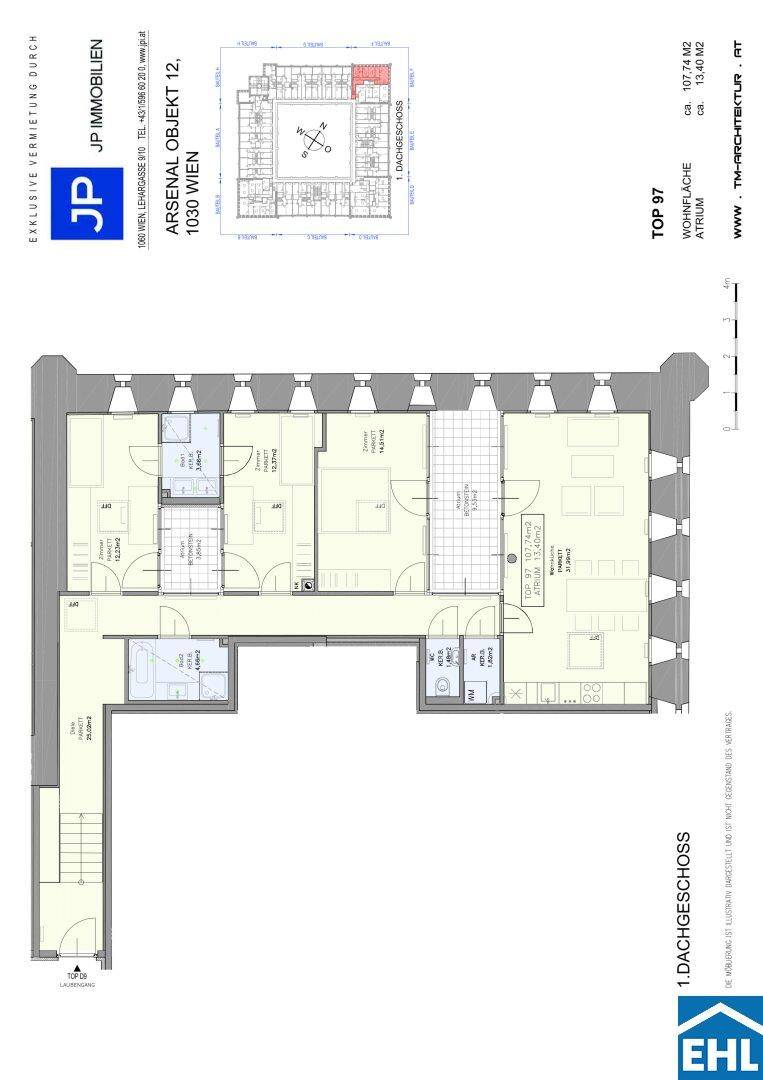 Grundriss des Dachgeschosses mit Wohnfläche von 107,74 m² und Balkon.