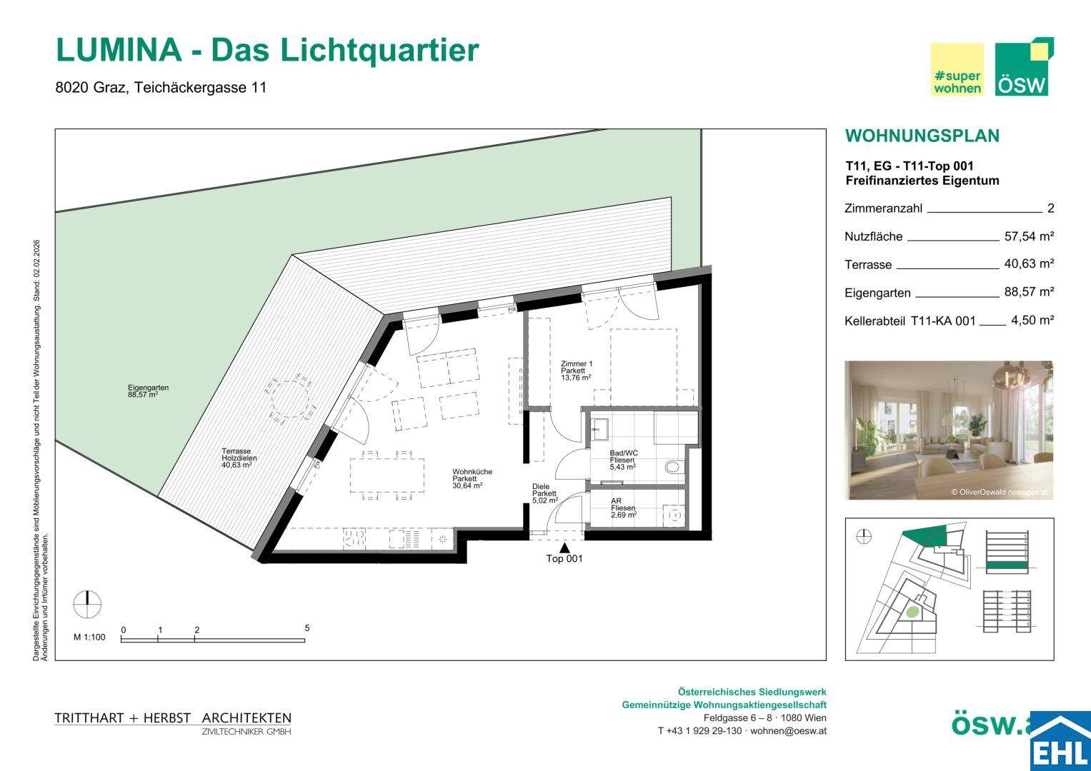 Grundriss einer Wohnung mit Terrasse, eigenem Gartenbereich und offenem Wohnkonzept.