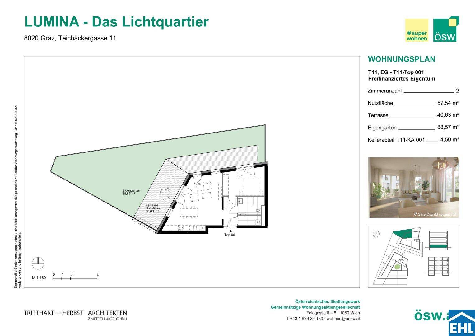 Grundriss einer Wohnung mit Terrasse, eigenem Gartenbereich und offenem Wohnkonzept.