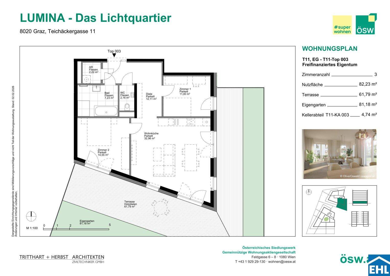 Grundriss einer Wohnung mit drei Zimmern, großer Terrasse und eigenem Gartenbereich.
