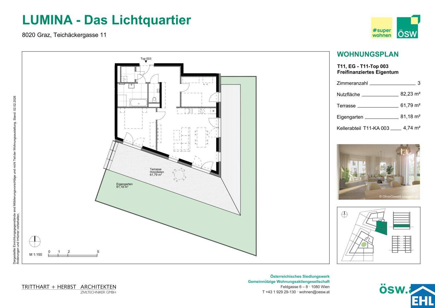 Grundriss einer Wohnung mit drei Zimmern, großer Terrasse und eigenem Gartenbereich.