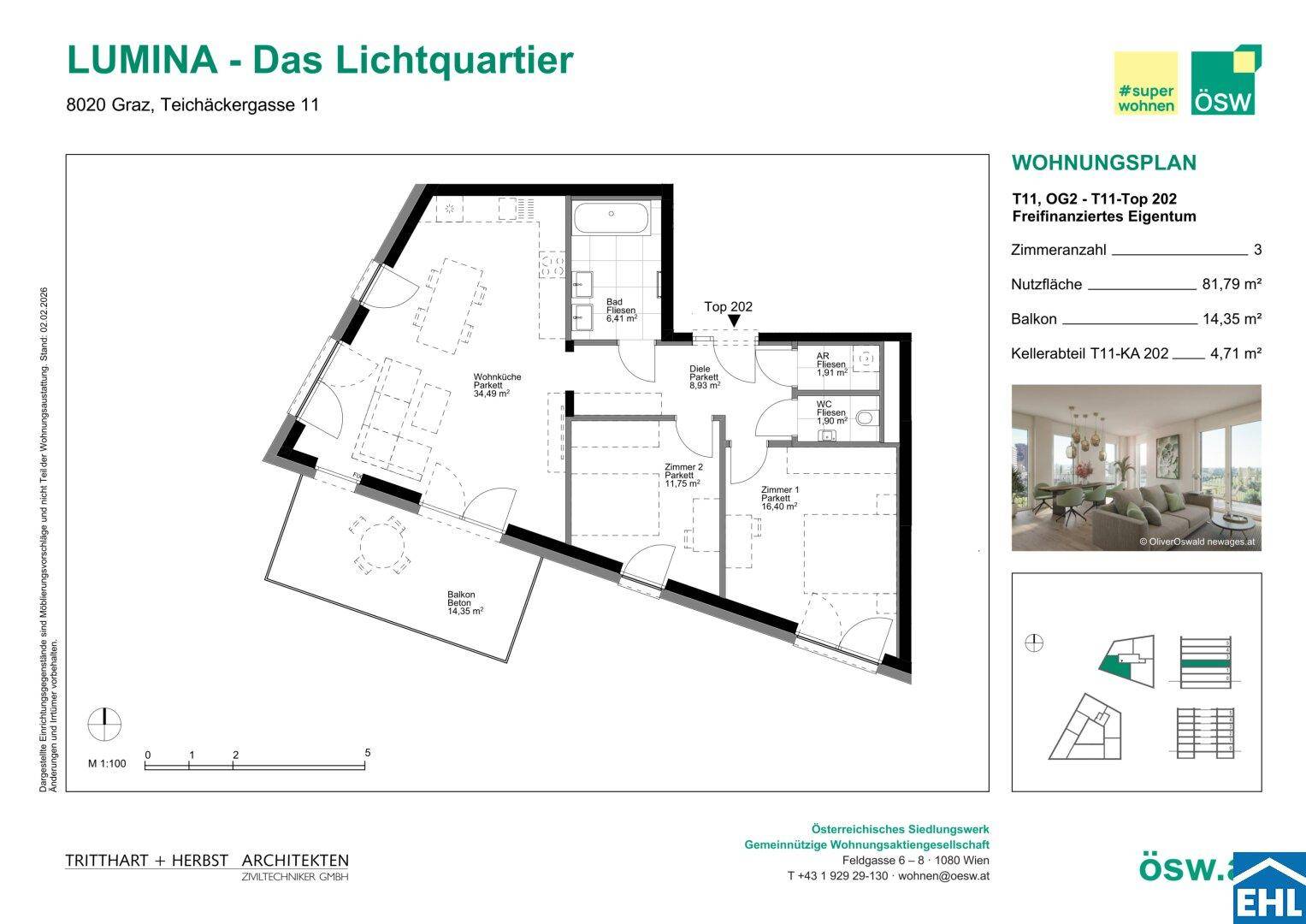 Detaillierter Grundriss einer Wohnung mit drei Zimmern, Balkon und separatem WC.