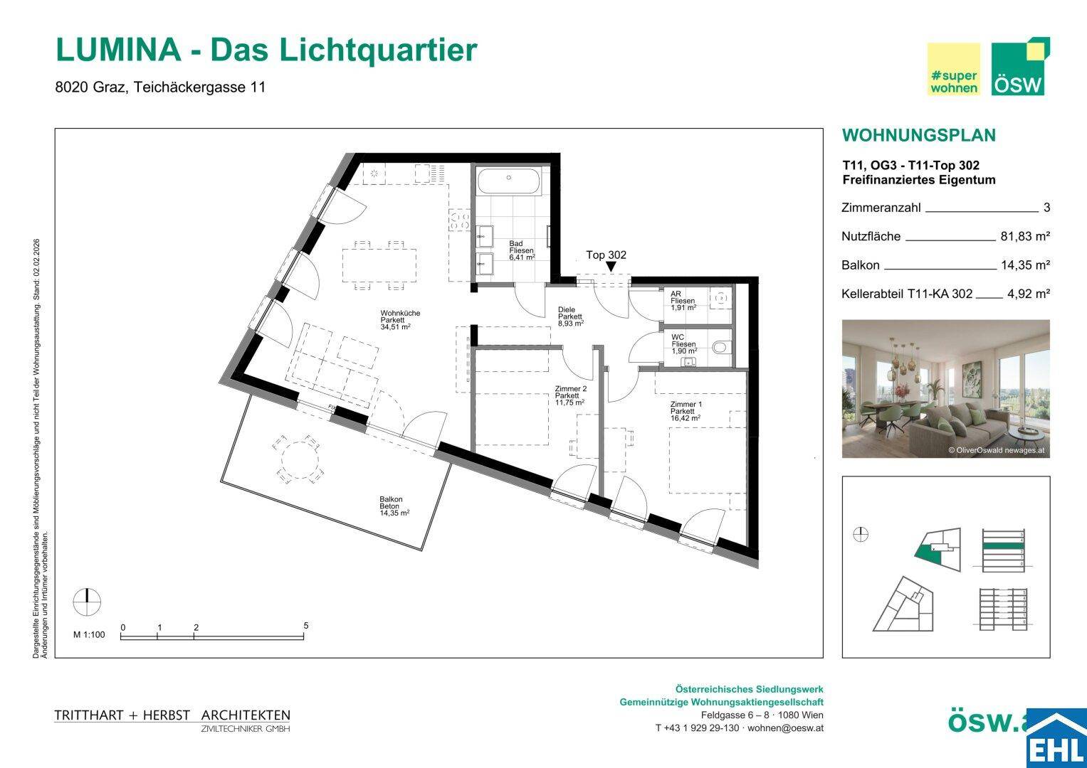 Grundriss einer Wohnung mit drei Zimmern, Balkon und separatem WC.