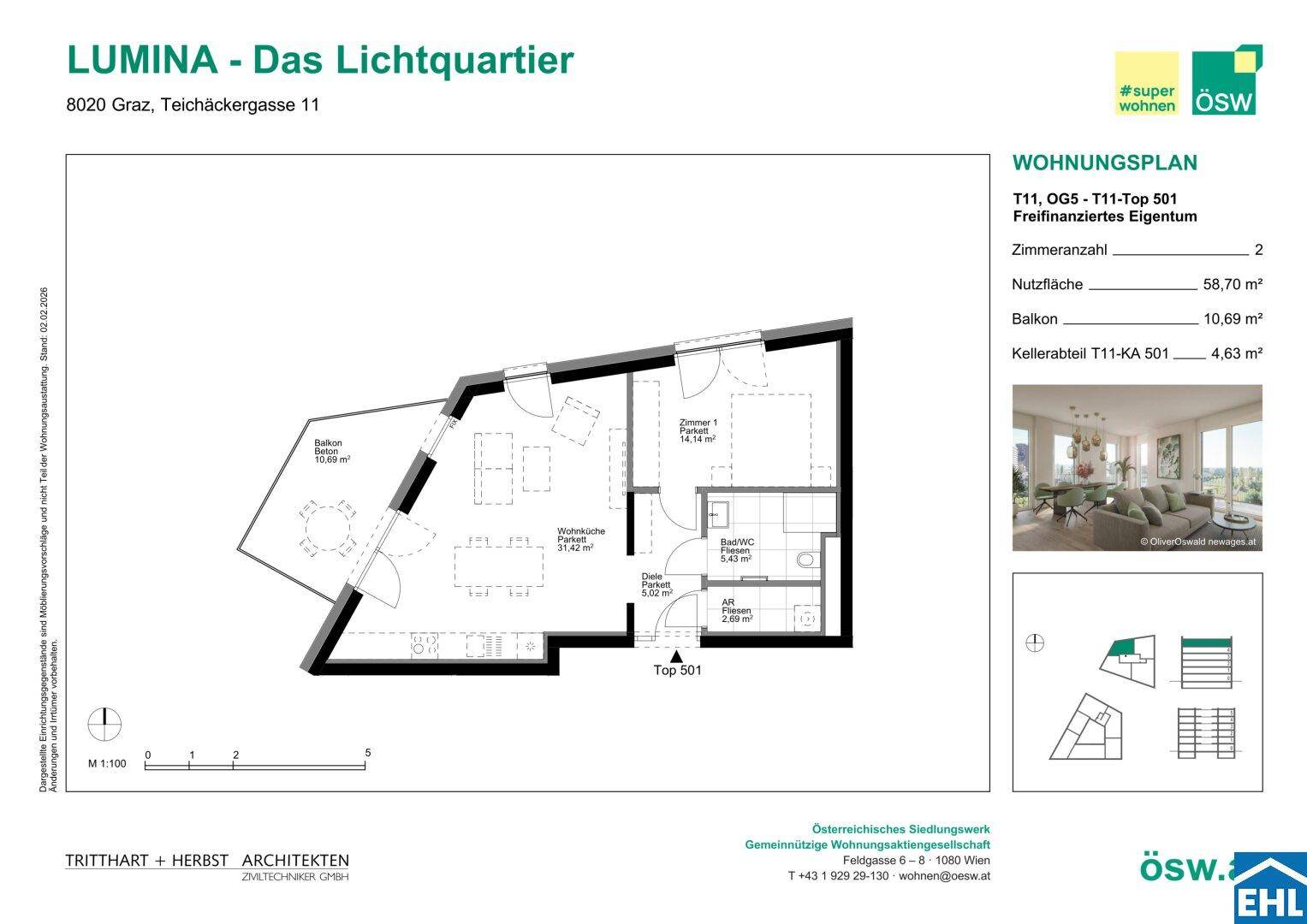 Detaillierter Wohnungsplan mit Raumaufteilung, Balkon und Flächenangaben für eine moderne Wohnung.
