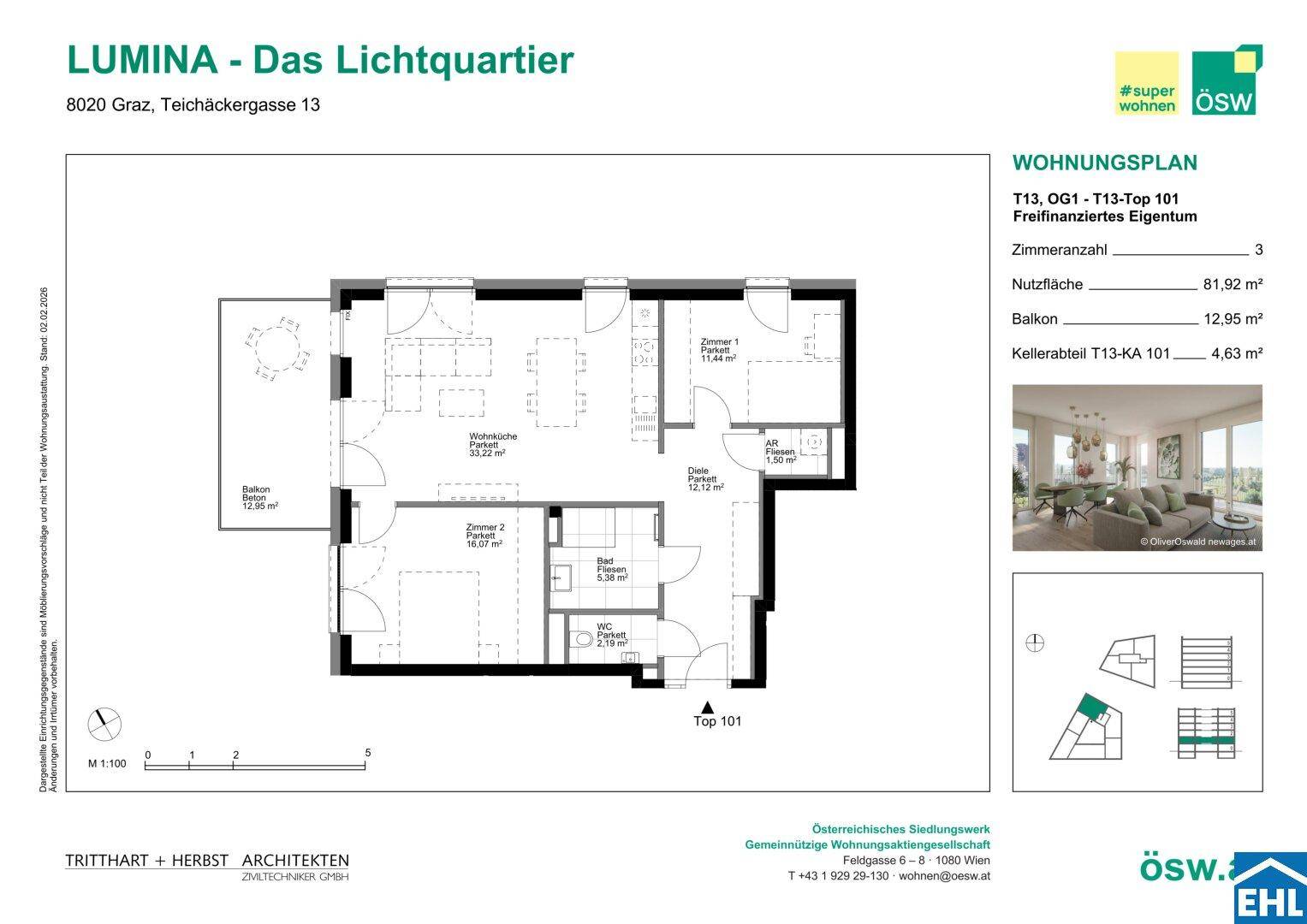 Detaillierter Wohnungsplan mit drei Zimmern, Balkon und Kellerabteil, Gesamtfläche 81,92 m².