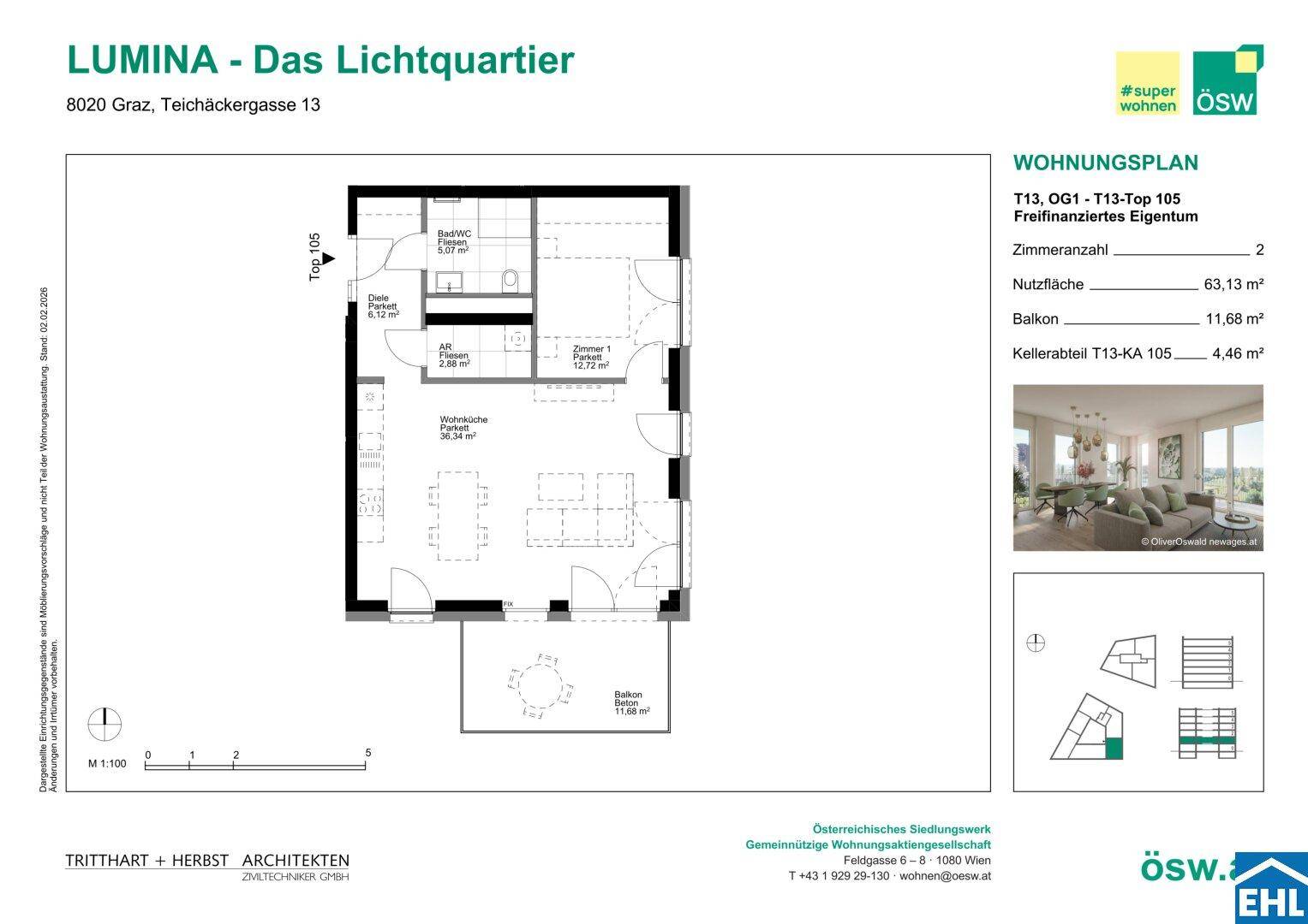 Detaillierter Grundriss einer Wohnung mit offenem Wohnbereich, Balkon und separatem WC.