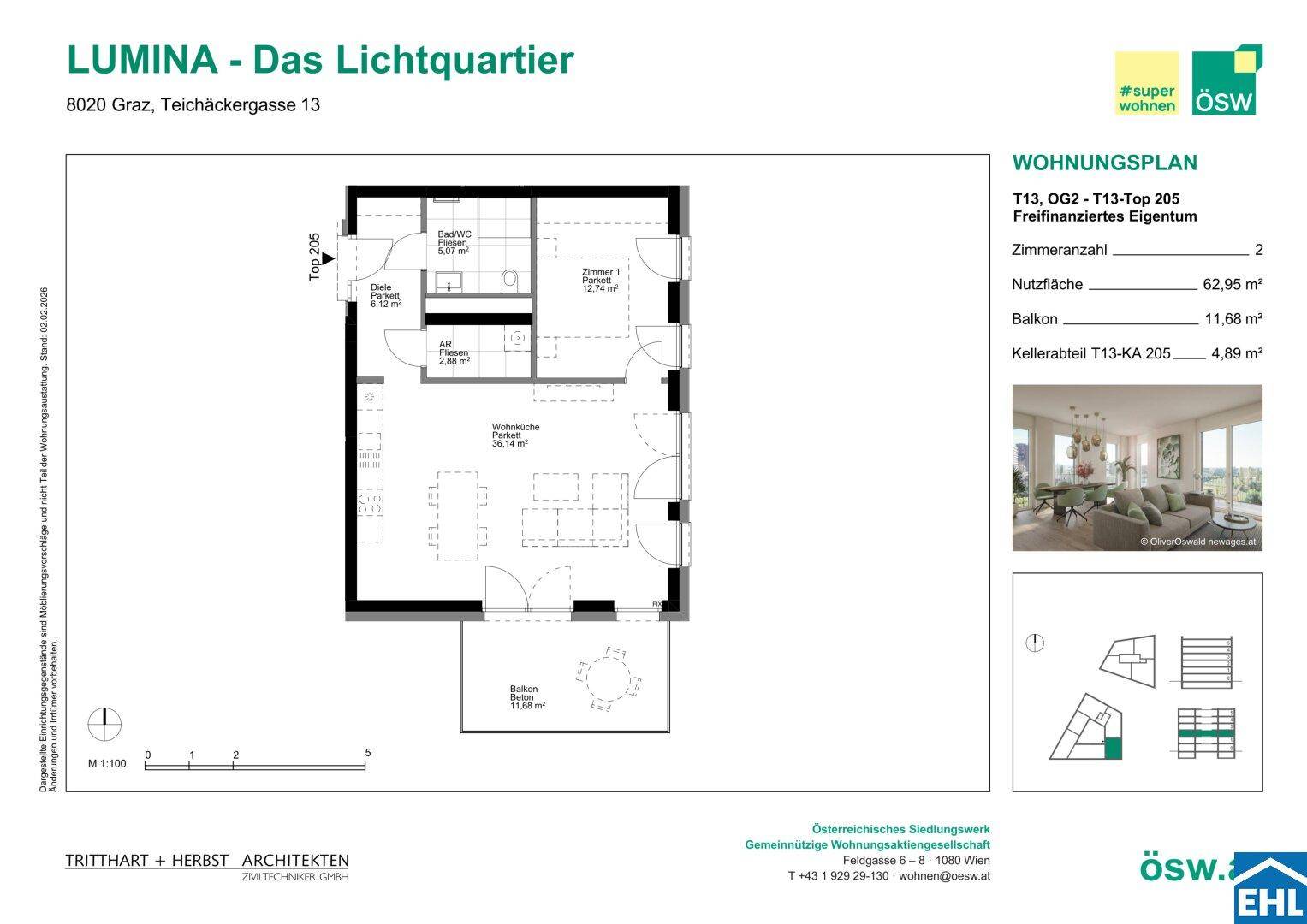 Detaillierter Wohnungsplan mit Zimmeraufteilung, Balkon und Gesamtfläche von 62,95 m².