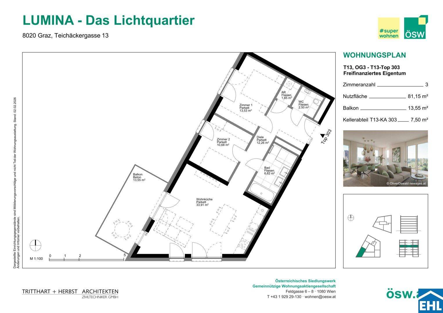 Detaillierter Wohnungsplan mit drei Zimmern, Balkon und Kellerabteil, inklusive kleiner Innenraumvisualisierung.