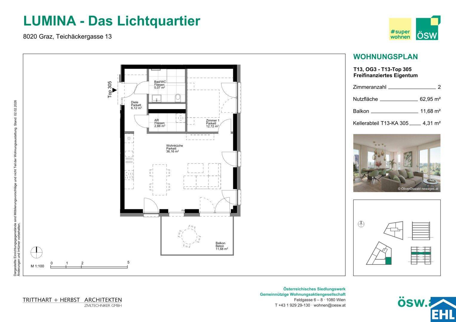 Detaillierter Grundriss einer 2-Zimmer-Wohnung mit Balkon und separatem Kellerabteil.