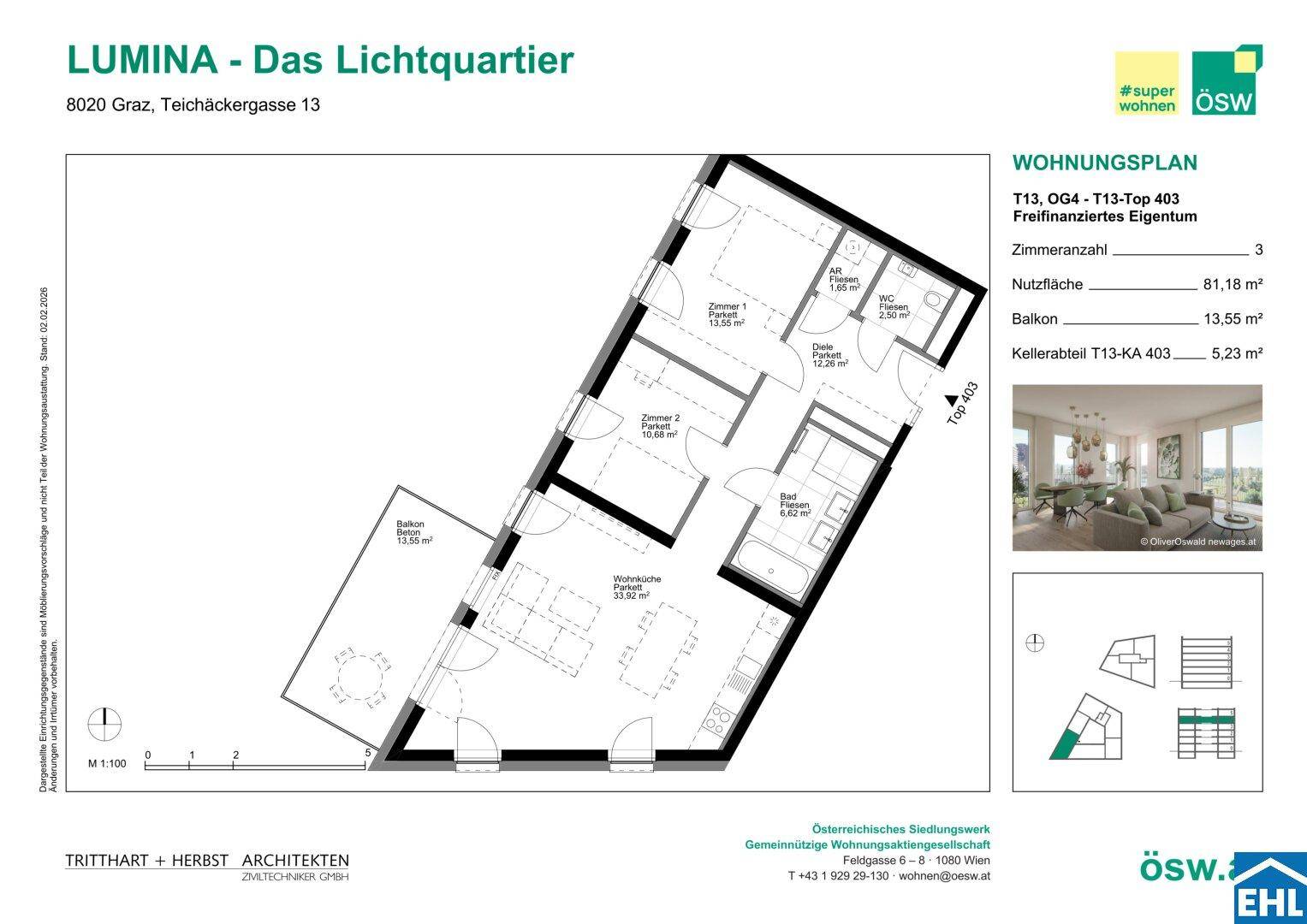 Detaillierter Grundriss einer Wohnung mit offenem Wohnbereich, zwei Schlafzimmern, zwei Bädern und Balkon.