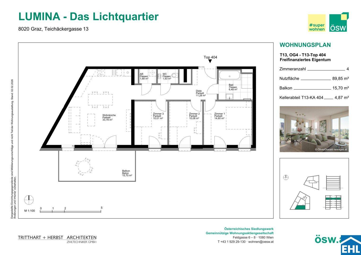 Grundriss einer 4-Zimmer-Wohnung mit Balkon und klarer Raumaufteilung.