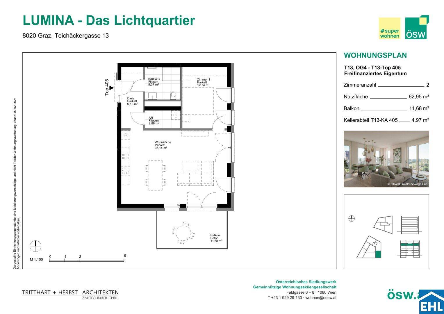 Detaillierter Wohnungsplan mit zwei Zimmern, Balkon und Kellerabteil auf 62,95 m² Nutzfläche.