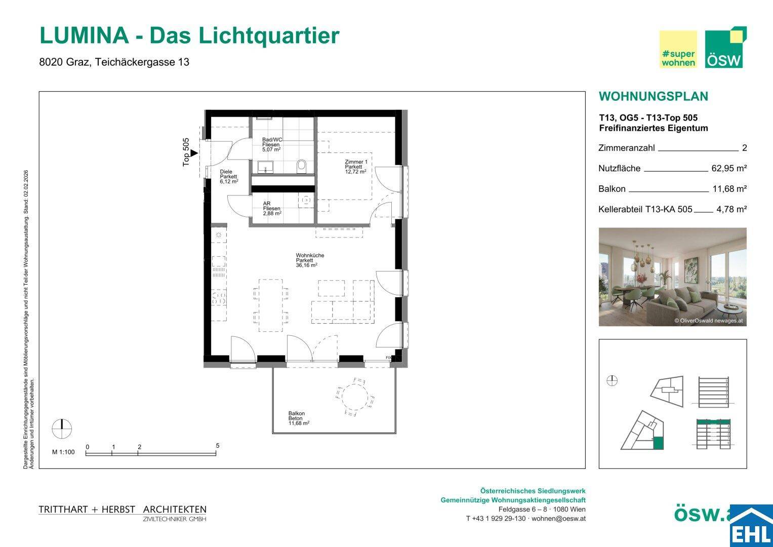 Grundriss einer Zweizimmerwohnung mit Balkon und separatem WC.