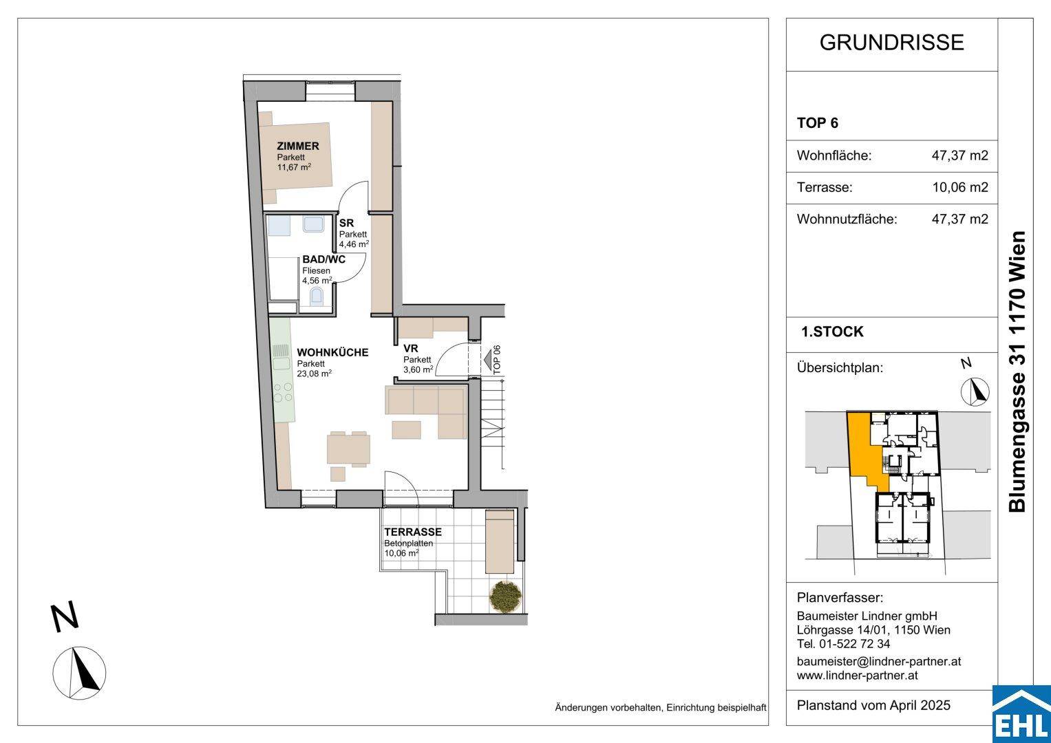 Grundriss einer Wohnung im ersten Stock mit Wohnküche, Schlafzimmer und Terrasse.